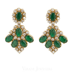 1.12CT Diamond Drop Earrings Set In 18K Yellow Gold W/ Precious Emerald Accents