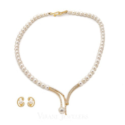 Pearl Necklace & Earring Set in22K Yellow Gold W/Curve Line Accents