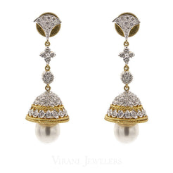 2.24CT Diamond Jhumki Drop Earrings Set In 18K Yellow Gold W/ Pearl Drops & Screw Back Post Closure