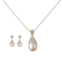 1.4CT Diamond Tear Drop Chain Pendant & Earrings Set In 18K Yellow Gold
