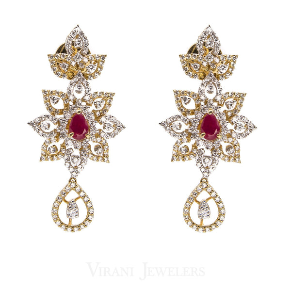 14.73CT Diamond Necklace and Earrings in 18K Yellow Gold W/ Floral Frame & Centered Ruby | 14.73CT Diamond Necklace and Earrings in 18K Yellow Gold W/ Floral Frame & Centered Ruby for ...