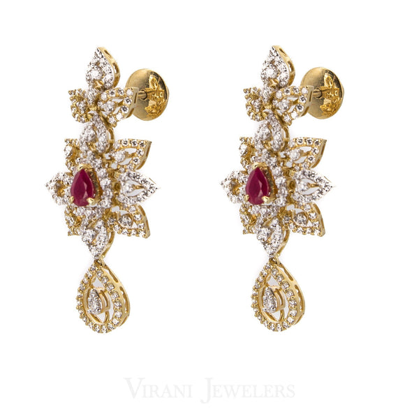 14.73CT Diamond Necklace and Earrings in 18K Yellow Gold W/ Floral Frame & Centered Ruby | 14.73CT Diamond Necklace and Earrings in 18K Yellow Gold W/ Floral Frame & Centered Ruby for ...