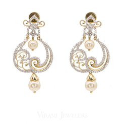 1.49CT Diamond Filigree Drop Earrings Set In 18K White Gold W/Centered Drop Pearls