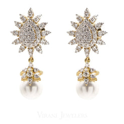 1.59CT Diamond Drop Star Earrings Set In 18K White Gold W/ Pearl Drops