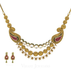 22K Antique Gold KundanNecklace & Earring Set W/ Pearl & Hand-Painted Accents