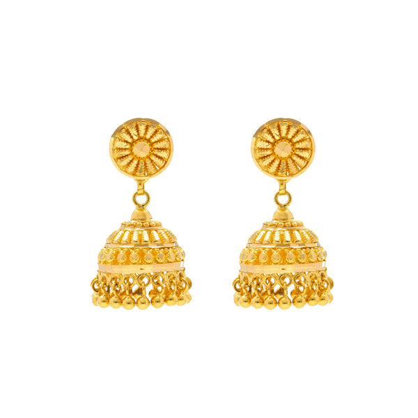 22K Gold Jhumki Earrings | Radiant 22K yellow gold jhumki drop earrings with a smooth gold ball trim attached to flower deca...