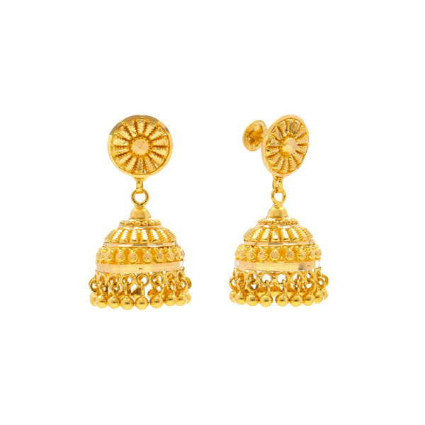 22K Gold Jhumki Earrings | Radiant 22K yellow gold jhumki drop earrings with a smooth gold ball trim attached to flower deca...