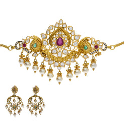 22K Yellow Antique Gold 2-in-1 Choker/Vanki & Chandbali Earrings Set W/ Emerald, Ruby, Pachi CZ, Pearls & Lotus Flower Design