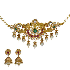 22K Yellow Antique Gold 2-in-1 Choker/Vanki & Jhumki Earrings Set W/ Kundan, Emerald, Pearls & Crescent Accents