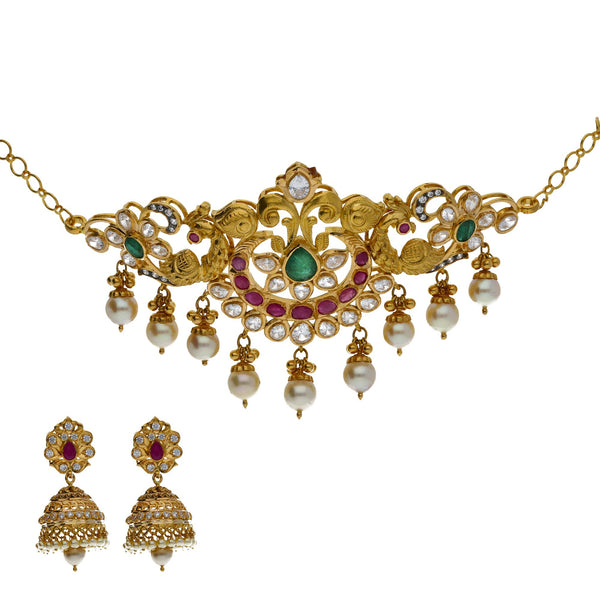 22K Yellow Antique Gold 2-in-1 Choker/Vanki & Jhumki Earrings Set W/ Kundan, Emerald, Pearls & Crescent Accents | 


Add a unique twist of versatility to your wardrobe this season with the addition of pieces lik...