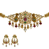 22K Yellow Gold 2-in-1 Choker/Vanki & Chandbali Earrings Set W/ Emerald, Pachi CZ, Hanging Pearls & Darkly Etched Accents | 


Why tone down your look when you can play up the golden radiance of your look with immaculate ...