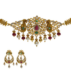 22K Yellow Gold 2-in-1 Choker/Vanki & Chandbali Earrings Set W/ Emerald, Pachi CZ, Hanging Pearls & Darkly Etched Accents
