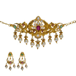 22K Yellow Antique Gold 2-in-1 Choker/Vanki & Chandbali Earrings Set W/ Emerald, Ruby, CZ, Pearls & Feather Peacock Accents