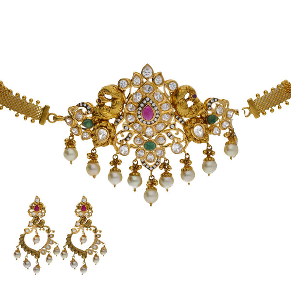 22K Yellow Antique Gold 2-in-1 Choker/Vanki & Earrings Set W/ Emerald, Ruby, CZ, Pearls & Asymettric Earring Designs | 


Shape and structure are not only essential for fine clothing but for the eye-catching designs ...