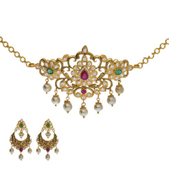 22K Yellow Antique Gold 2-in-1 Choker/Vanki & Chandbali Earrings Set W/ Emerald, Ruby, CZ, Pearls & Paisley Flower Design