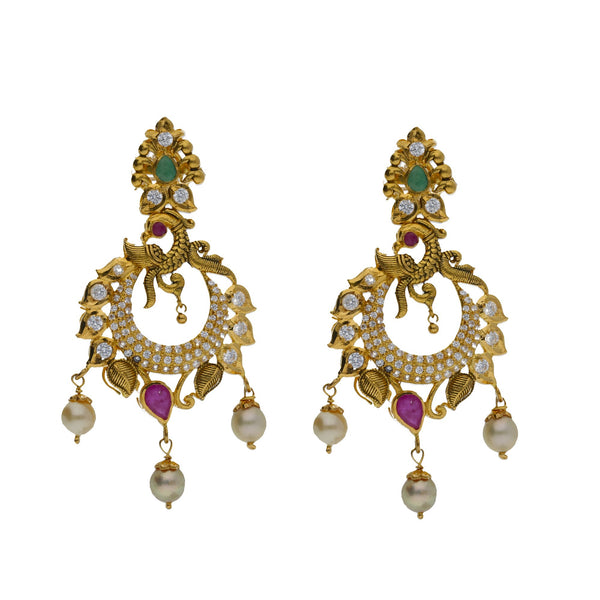 22K Yellow Antique Gold Necklace & Chandbali Earrings Set W/ Emeralds, Rubies, Pachi CZ & Hanging Pearls | 


Illuminate in the illustrious designs of fine jewelry pieces like this decorated 22K yellow an...