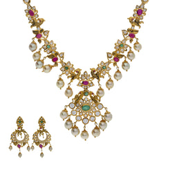 22K Yellow Antique Gold Necklace & Chandbali Earrings Set W/ Emeralds, Rubies, Pachi CZ & Hanging Pearls