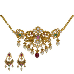 22K Yellow Antique Gold 2-in-1 Choker/Vanki & Chandbali Earrings Set W/ Emerald, Ruby, CZ, Pearls & Double Peacock Design