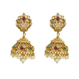 22K Yellow Antique Gold Necklace & Chandbali Earrings Set W/ Pachi CZ, Rubies, Emeralds, Pearls & Jhumki Accented Pendant | 


A bit of antique gold goes a long way to create a vintage allure in jewelry pieces like this 2...