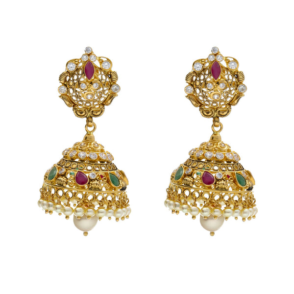 22K Yellow Antique Gold Necklace & Jhumki Earrings Set W/ Pachi CZ, Rubies, Emeralds, Pearls & Peacocks Accents | 


Create statements with accents of antique gold and embellishments of precious gemstones like t...