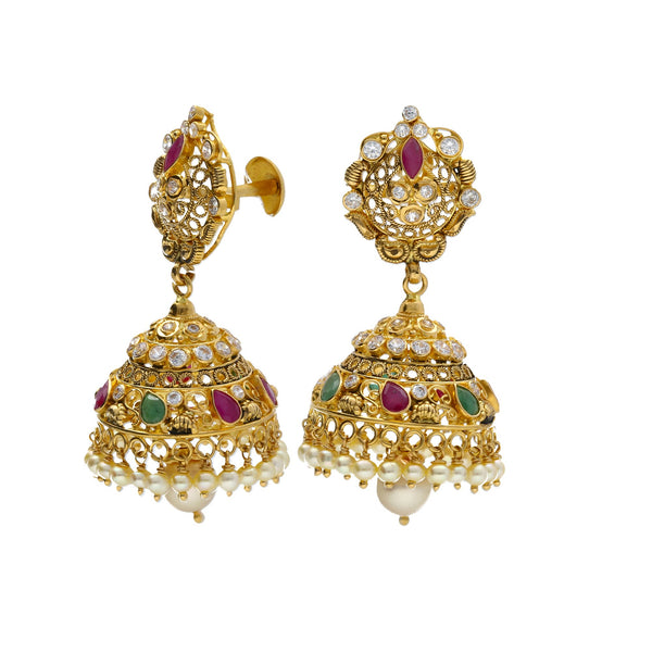 22K Yellow Antique Gold Necklace & Jhumki Earrings Set W/ Pachi CZ, Rubies, Emeralds, Pearls & Peacocks Accents | 


Create statements with accents of antique gold and embellishments of precious gemstones like t...