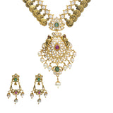 22K Yellow Antique Gold Necklace & Chandbali Earrings Set W/ Laxmi Kasu, Pachi CZ, Emeralds, Rubies & Pearls | 


Behold the sacred beauty and unique details of culture as design with this 22K yellow gold ant...