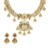 22K Yellow Antique Gold Necklace & Jhumki Earrings Set W/ Jhumki Charms, Peacock Accents, Pearls, Rubies, Emeralds & Pachi CZ | 


Make a statement with your jewelry in unmatched gold and gemstone designs like this 22K yellow...