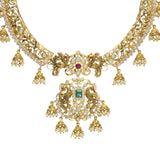 22K Yellow Antique Gold Necklace & Jhumki Earrings Set W/ Jhumki Charms, Peacock Accents, Pearls, Rubies, Emeralds & Pachi CZ | 


Make a statement with your jewelry in unmatched gold and gemstone designs like this 22K yellow...