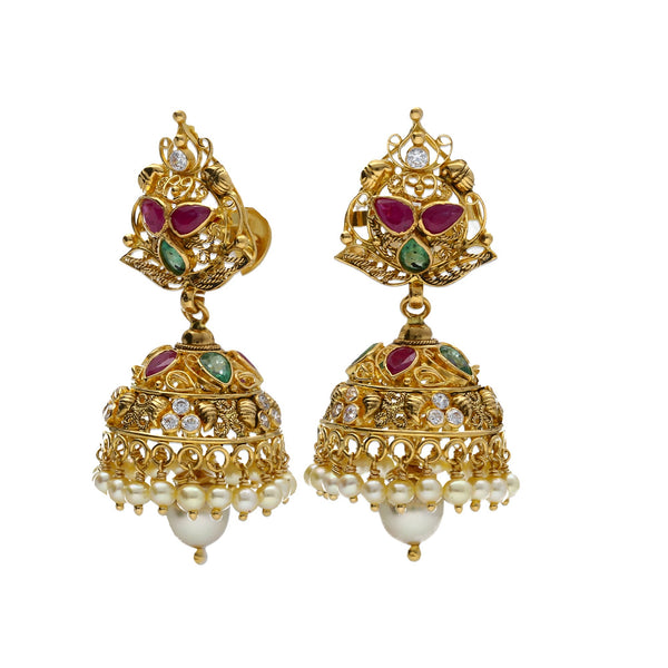 22K Yellow Antique Gold Necklace & Jhumki Earrings Set W/ Jhumki Charms, Peacock Accents, Pearls, Rubies, Emeralds & Pachi CZ | 


Make a statement with your jewelry in unmatched gold and gemstone designs like this 22K yellow...