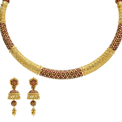 22K Yellow Gold Hasdi Necklace & Jhumki Earrings Set W/ Patterned Red Enamel Hand Paint & 'Snowflake' Design