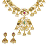 22K Yellow Antique Gold Necklace & Chandbali Earrings Set W/ Pachi CZ, Rubies, Emeralds, Pearls & Jhumki Accented Pendant | 


A bit of antique gold goes a long way to create a vintage allure in jewelry pieces like this 2...