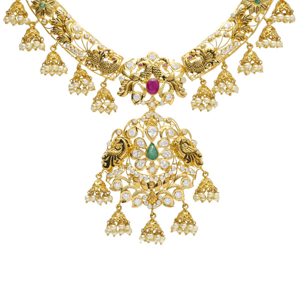 22K Yellow Antique Gold Necklace & Jhumki Earrings Set W/ Pachi CZ, Rubies, Emeralds, Pearls & Peacocks Accents | 


Create statements with accents of antique gold and embellishments of precious gemstones like t...