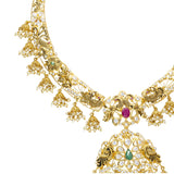 22K Yellow Antique Gold Necklace & Jhumki Earrings Set W/ Pachi CZ, Rubies, Emeralds, Pearls & Peacocks Accents | 


Create statements with accents of antique gold and embellishments of precious gemstones like t...