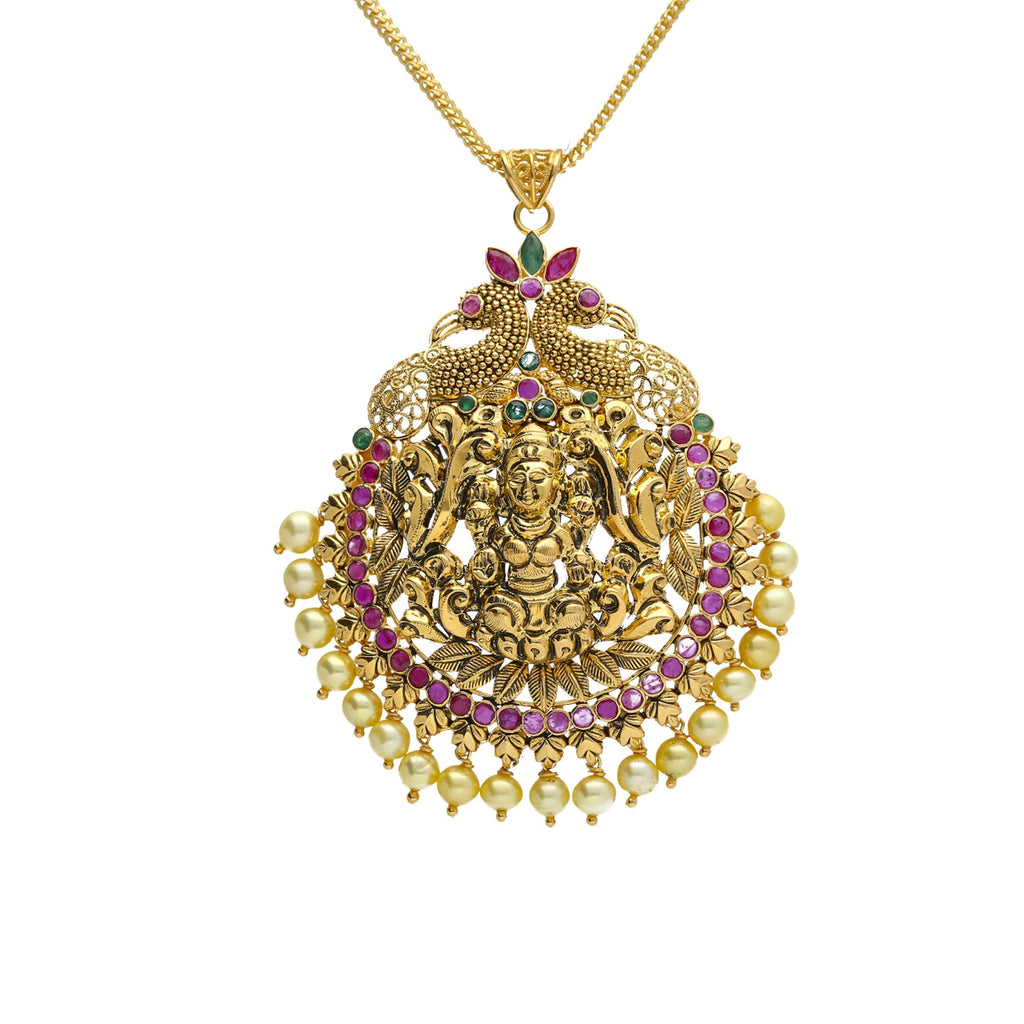 22K Yellow Antique Gold Laxmi Pendant W/ Pearls, Emeralds, Rubies & Peacock Accents | 


Be as elaborate and gaudy as you desire with the most exquisite jewelry pieces like this 22K y...