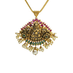 22K Yellow Antique Gold Laxmi Pendant W/ Fanned Display Pearls, Emeralds & Rubies