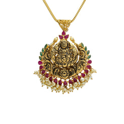 22K Yellow Antique Gold Laxmi Pendant W/ Wreath Pearls, Emeralds & Rubies