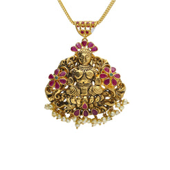 22K Yellow Antique Gold Laxmi Pendant W/ Emeralds, Rubies, Pearls & Flower Accents