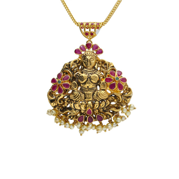 22K Yellow Antique Gold Laxmi Pendant W/ Emeralds, Rubies, Pearls & Flower Accents | 


Beautify your simplest 22K gold chains with significant pieces like this 22K yellow antique go...