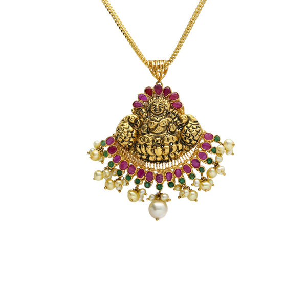 22K Yellow Antique Gold Laxmi Pendant W/ Emeralds, Rubies, Pearls & Fanned Design | 


The combination of antique gold and precious gemstones is one that produces some of the most e...