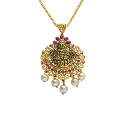 22K Yellow Antique Gold Laxmi Pendant W/ Rubies, Emeralds & Five Drop Pearls