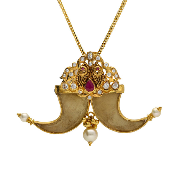 22K Yellow Gold Tiger Nail Pendant W/ CZ, Rubies, Pearls & Peacock Accents | 


Cultural accents set in the richness of fine gold are a recipe for the most unique jewelry pie...