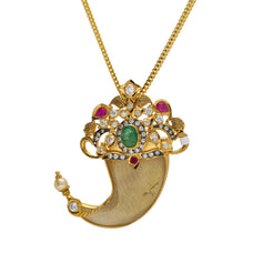 22K Yellow Gold Tiger Nail Pendant W/ Emeralds, Ruby, CZ, Pearls & Fish Accents