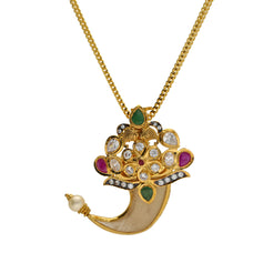 22K Yellow Gold Tiger Nail Pendant W/ Emeralds, Rubies, CZ, Drop Pearl & Floral Design