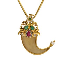 22K Yellow Gold Tiger Nail Pendant W/ Emeralds, Rubies, CZ, Pearls & Peacock Accents