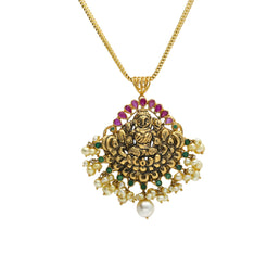 22K Yellow Antique Gold Laxmi Pendant W/ Rubies, Underlining Emeralds & Pearls