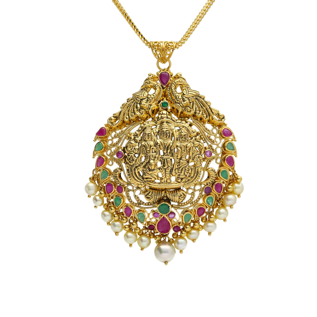 22K Yellow Antique Gold Ram Parivar Pendant W/ Pearls, Emeralds, Rubies & Peacock Accents | 


Create statement looks with your beautiful Temple pieces such as this 22K yellow antique gold ...