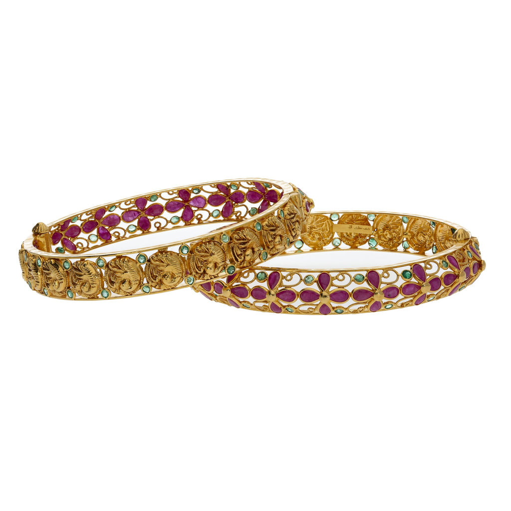 22K Yellow Gold Studded Flower Bangles Set of 2 W/ Emeralds, Rubies & Peacock Coins | 


Flowers and gold coins are perfect accents to create feminine allure like this set of two 22K ...