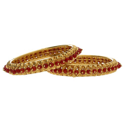 22K Yellow Gold Coral Bangles Set of 2 W/ Wire-Set Red Coral Beads