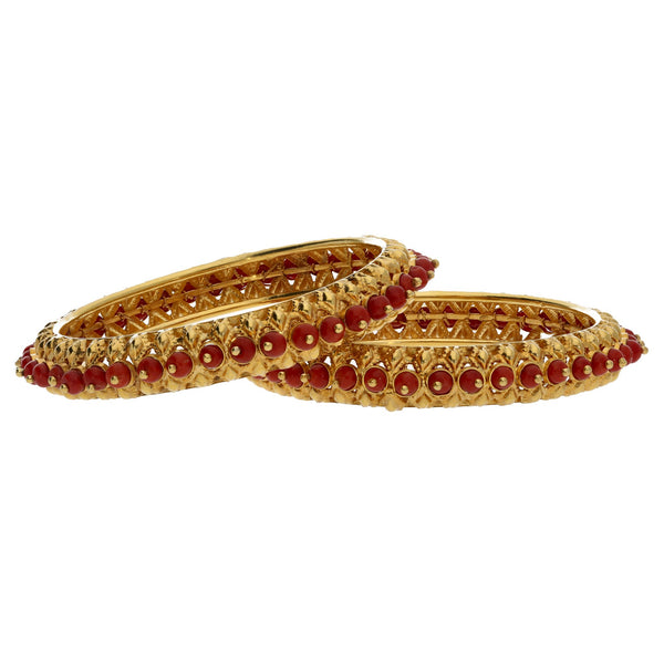 22K Yellow Gold Coral Bangles Set of 2 W/ Wire-Set Red Coral Beads | 


Add the raw and natural elements of red coral to your look with this set of two 22K yellow gol...