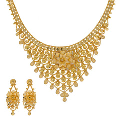 22K Yellow Gold Necklace & Earrings Set W/ Laser-Etched Faceted Floral Design